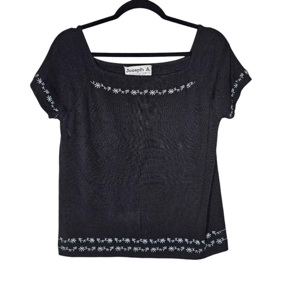 ⭐️Vintage L Top Black Silk Blend Knit Floral Embroidery Whimsigoth Dark Cottage